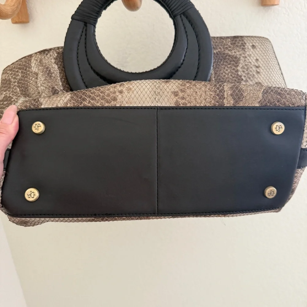 DONALD J.PLINER Genuine Leather Brown Ivory Python Print Tote top round handle